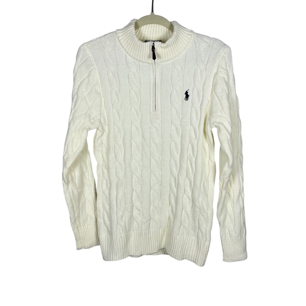 Polo Ralph Lauren Mens Cream White Cable Knit Quarter Zip Sweater Size L